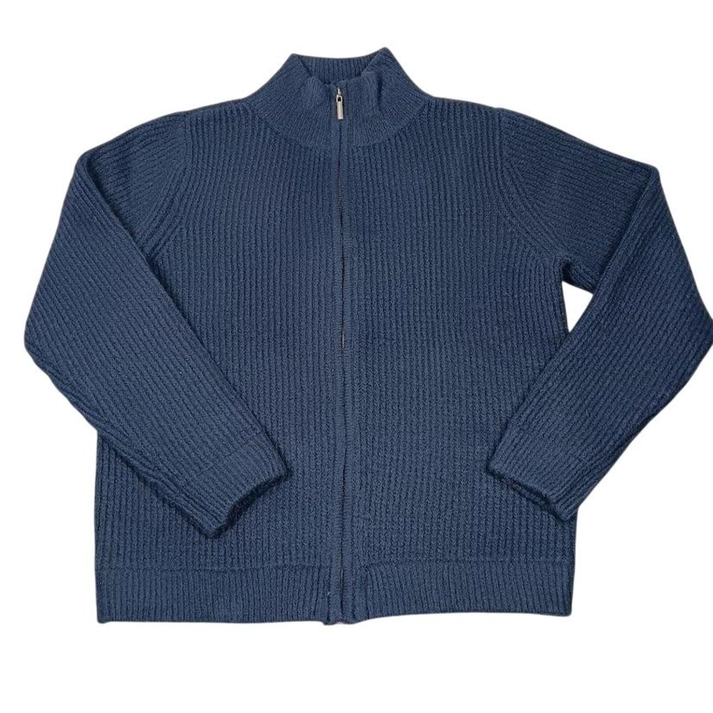 Croft & Barrow Sweater Mens Large Blue Full Zip Mock Neck Waffle Knit Cardigan